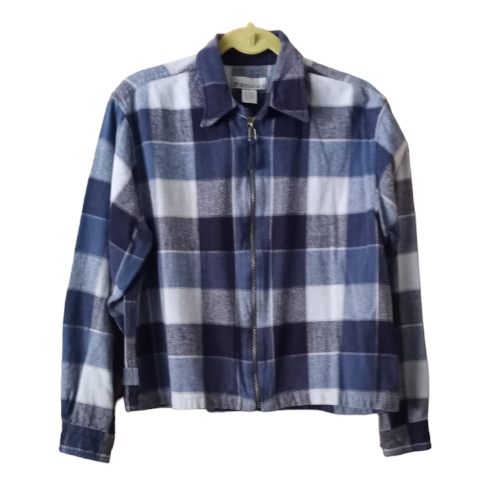 dressbarn Jacket Large Blue Multi Cotton Buffalo Check Print Unlined Full Zip